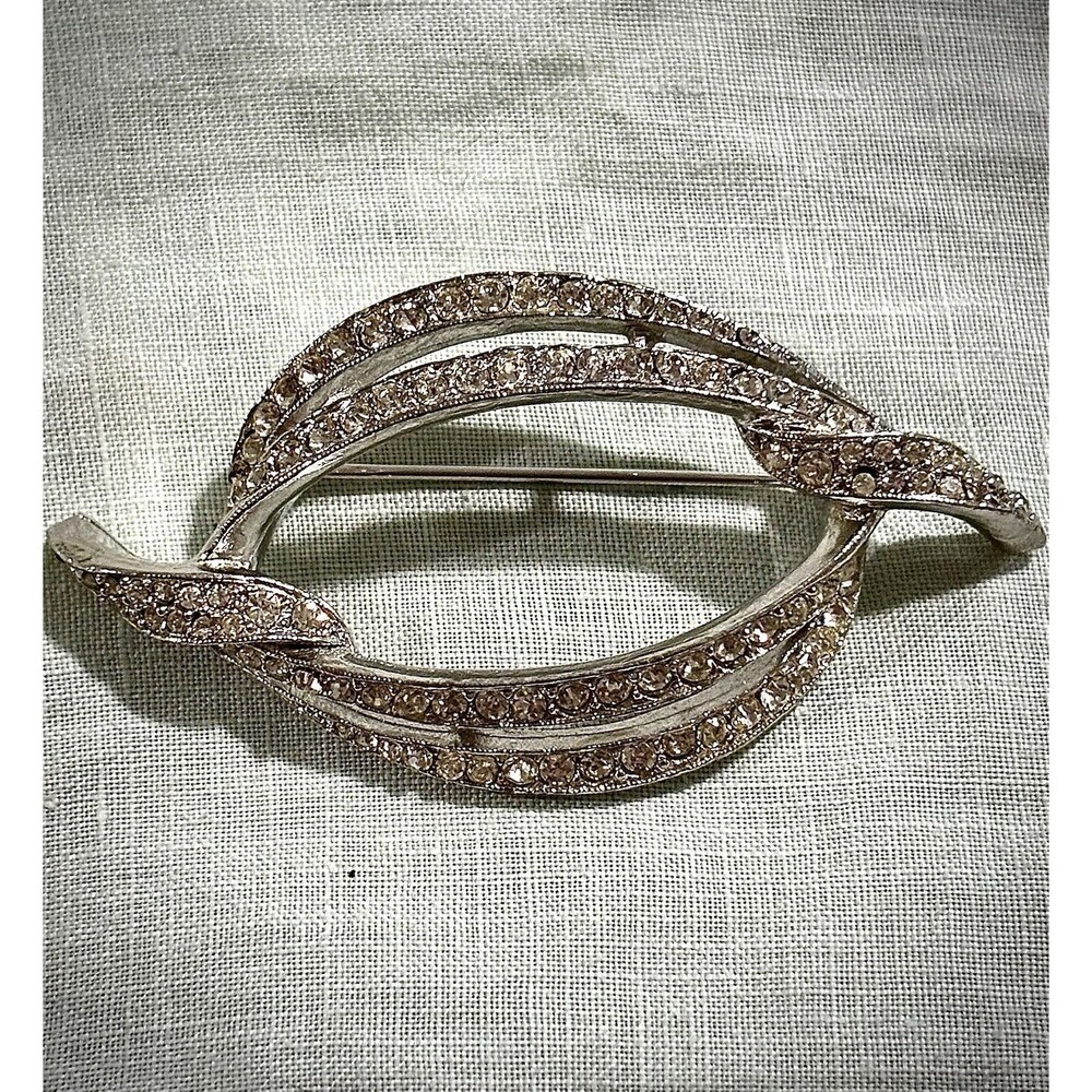 Vintage Signed ART Arthur Pepper Rhinestone Brooch Silver Tone Leaf Swirl